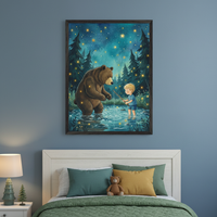 Kid's bedroom with a white headboard bed. A large framed whimsical illustration above the bed shows a brown bear and a blond boy fishing in a glowing stream at night, surrounded by starry trees.