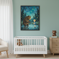 Modern nursery with a white crib, light wood dresser, and armchair against a light green wall. A framed illustrated print of a boy and a bear fishing in a starry lake hangs centered above the crib.