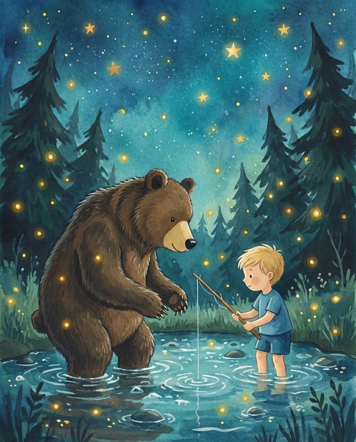 A magical night scene of a boy and a bear standing in a shallow forest pond surrounded by fireflies as the child fishes with a simple stick rod capturing a peaceful bond of friendship love and wonder between the boy and the bear
