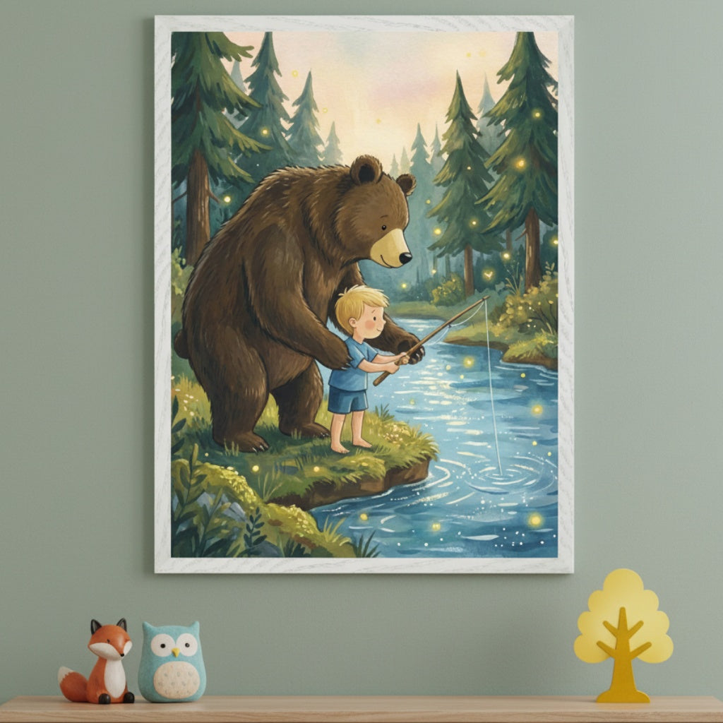 Kid's room with a sage green wall. A framed illustration of a bear and a boy fishing in a glowing river, surrounded by pine trees with glowing lights, hangs above a wooden shelf. A fox, an owl, and a yellow tree figurine are on the shelf.