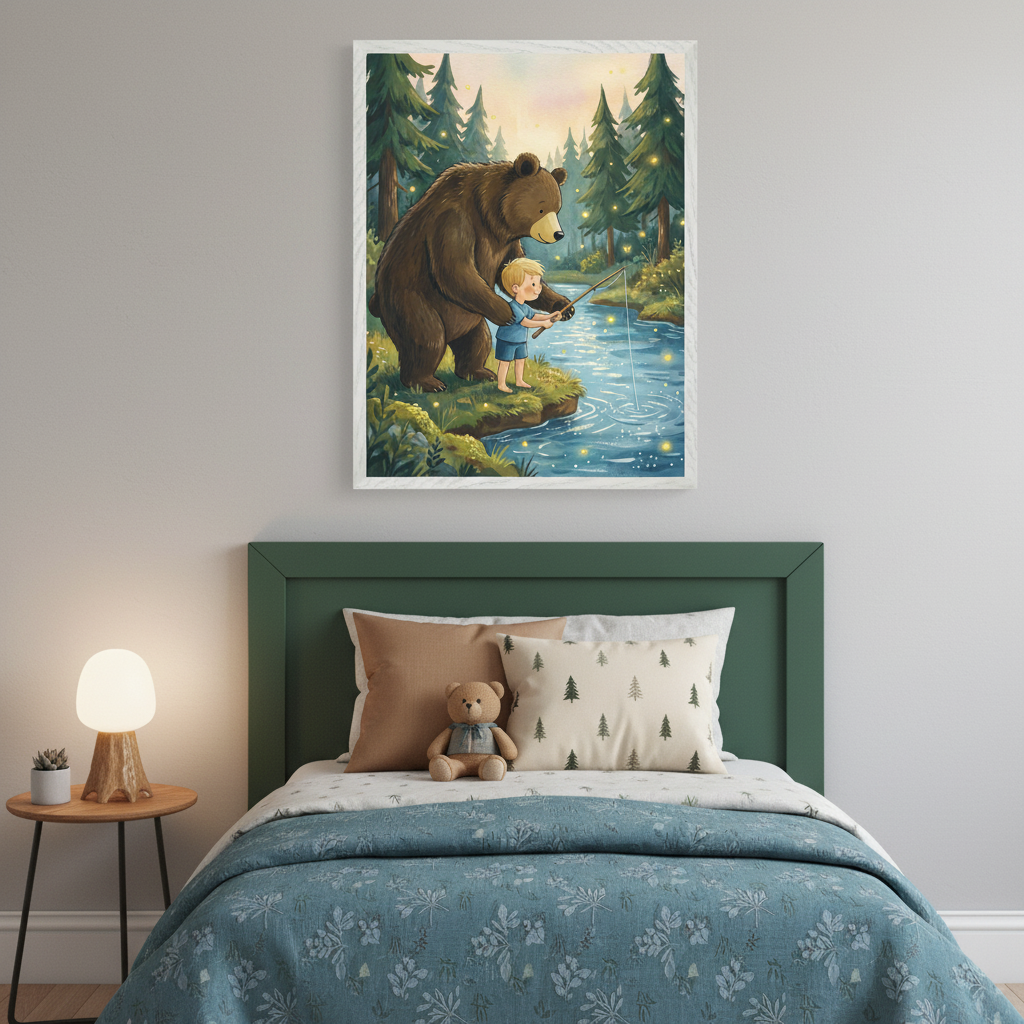 Kid's bedroom with a single bed, green headboard, and a wooden nightstand. A large framed print of a cartoon brown bear teaching a blonde boy to fish in a magical stream hangs centered above the bed. A teddy bear sits on the bed.