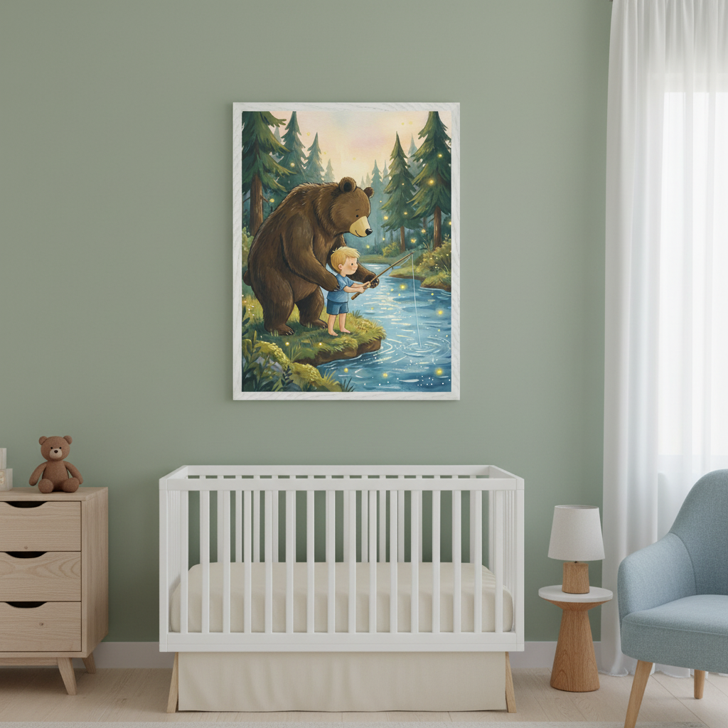 Modern nursery with a white crib, light wood dresser, and blue armchair. A large framed whimsical illustration of a brown bear and a blonde boy fishing in a forest with glowing lights hangs above the crib.
