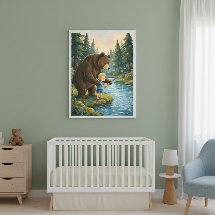 Modern nursery with a white crib, light wood dresser, and blue armchair. A large framed whimsical illustration of a brown bear and a blonde boy fishing in a forest with glowing lights hangs above the crib.