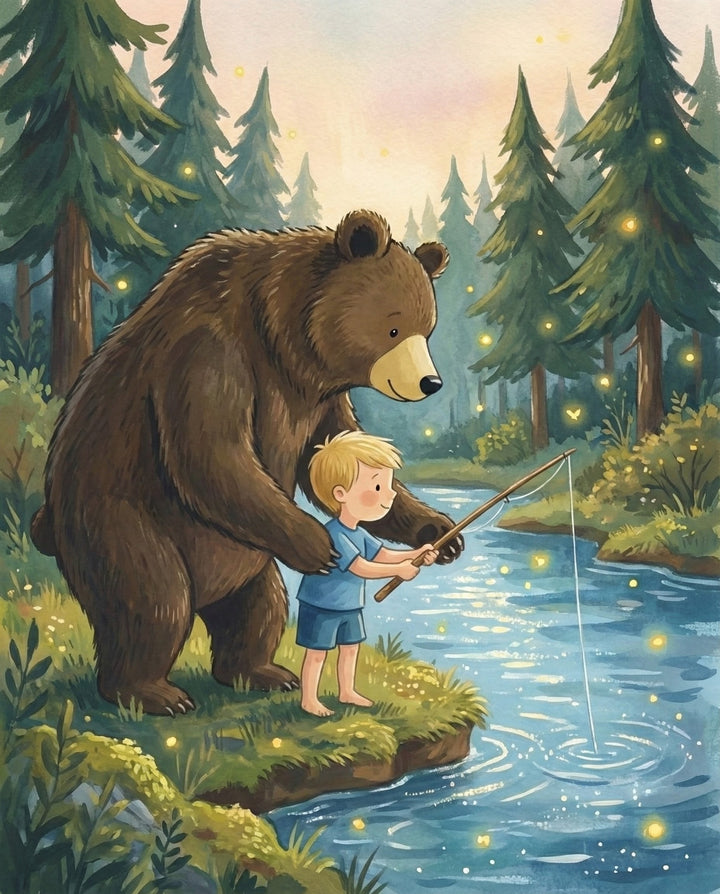 An affectionate moment where a bear gently helps a boy hold a fishing rod by a sparkling stream surrounded by trees and fireflies under a pastel sky representing the warmth of friendship and love between the child and the bear
