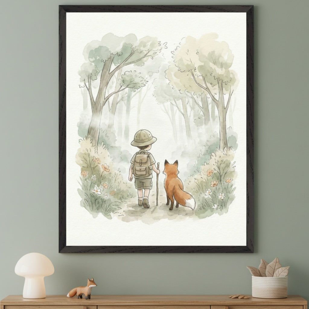 Modern room with a wooden dresser. A large framed watercolor print of a child in a safari hat and a fox walking in a misty forest hangs above the dresser. A mushroom lamp and a fox figurine are on the dresser.