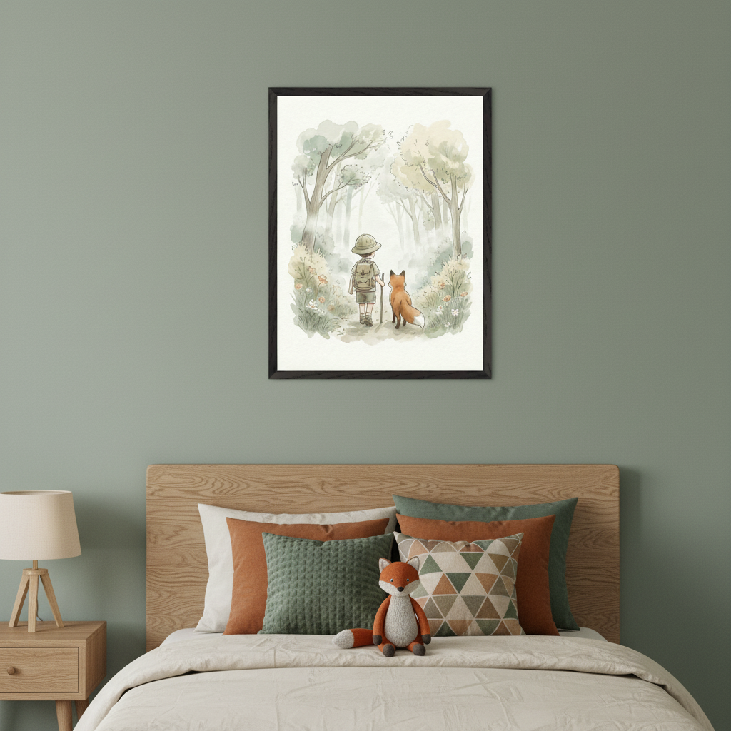 Kid's bedroom with a wooden bed and a nightstand. A large framed watercolor illustration of a child walking with a fox in a misty forest hangs centered above the bed.