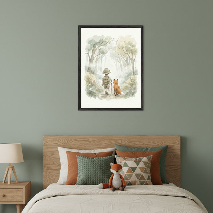 Kid's bedroom with a wooden bed and a nightstand. A large framed watercolor illustration of a child walking with a fox in a misty forest hangs centered above the bed.