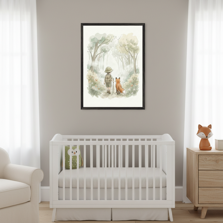 Modern nursery with a white crib, white armchair, and wooden dresser. A black-framed watercolor painting of a boy with a fox walking in a forest hangs above the crib.
