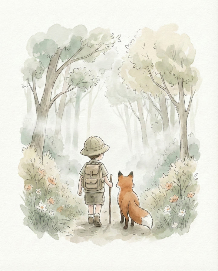 Soft watercolor-style illustration of a young boy and a fox walking side by side down a misty forest path, capturing the wonder of nature and friendship in kids’ adventure-themed wall decor.
