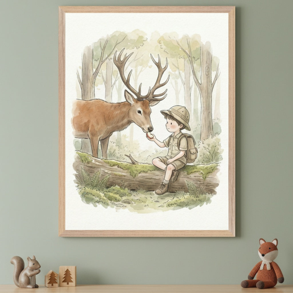 Kid's room with a sage green wall. A framed watercolor illustration of a boy feeding an apple to a deer in a forest hangs above a wooden shelf. A squirrel, wooden tree blocks, and a knitted fox toy are on the shelf.