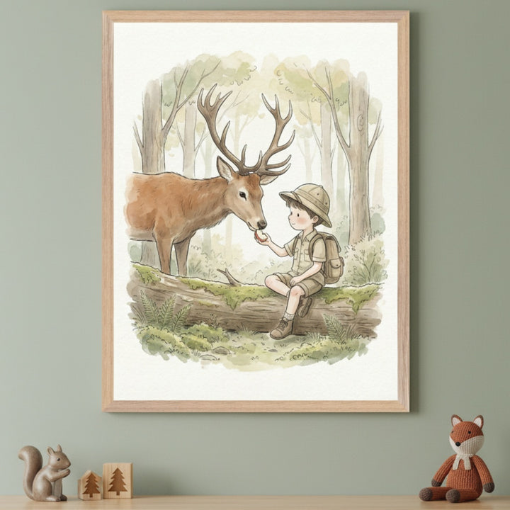 Kid's room with a sage green wall. A framed watercolor illustration of a boy feeding an apple to a deer in a forest hangs above a wooden shelf. A squirrel, wooden tree blocks, and a knitted fox toy are on the shelf.