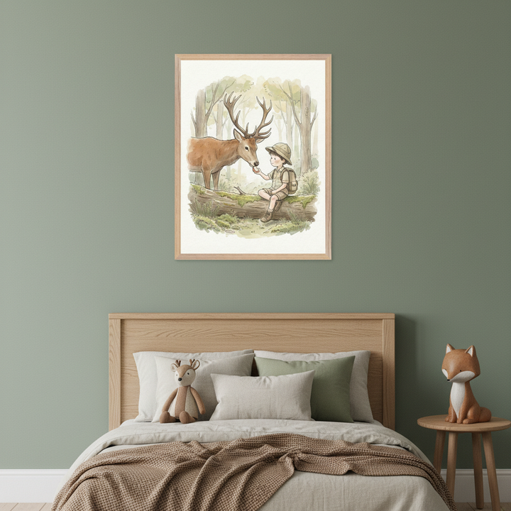 Kid's bedroom with a wooden bed against a sage green wall. A framed watercolor print of a child feeding a deer in a forest hangs centered above the bed. A stuffed deer is on the bed, and a wooden fox is on a side table.
