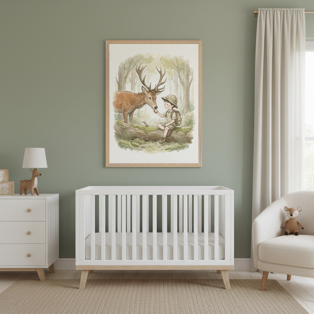 Modern nursery with a white crib, dresser, and cream armchair against a sage green wall. A large framed watercolor illustration of a boy in a forest feeding a deer hangs centered above the crib.