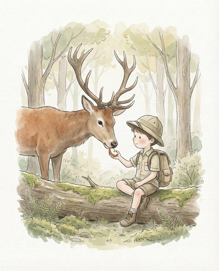 Sweet watercolor illustration of a boy sitting on a mossy log offering food to a gentle deer in a sun-dappled forest, conveying kindness and calm in nature-inspired children’s wall art.