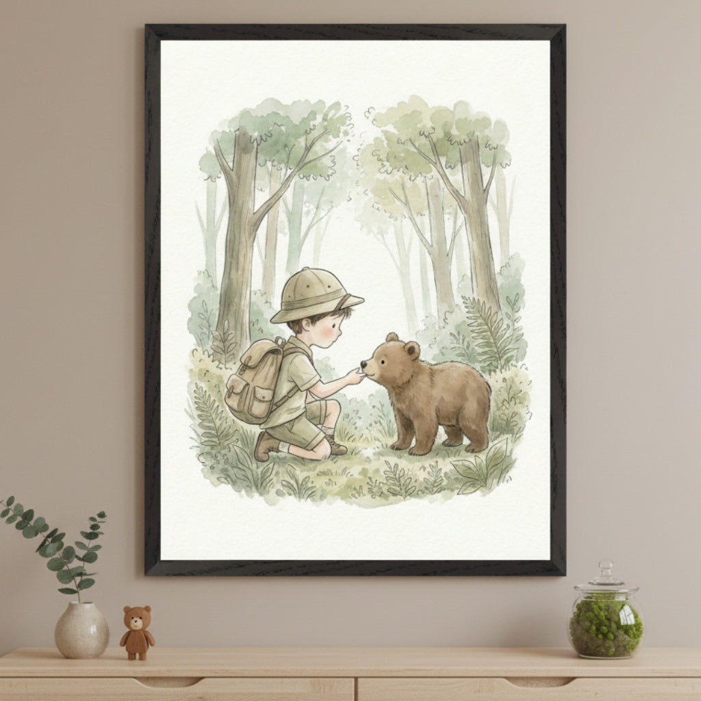 Natural-themed room with a light wooden dresser. A large black-framed watercolor illustration of a boy in explorer gear feeding a bear cub in a forest hangs centered above the dresser. A small plant, a teddy bear, and a moss jar are on the dresser.
