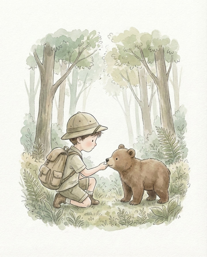 Gentle illustration of a boy kneeling in a forest clearing and reaching out to a small brown bear cub, capturing a tender moment of friendship in nature-inspired children's wall decor.
