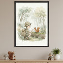 Playful room with a light wood dresser. A large black-framed watercolor illustration of a boy in a safari hat gently touching a squirrel on a log in a misty forest hangs centered above the dresser. Stuffed animals and a plant adorn the dresser.