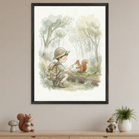 Playful room with a light wood dresser. A large black-framed watercolor illustration of a boy in a safari hat gently touching a squirrel on a log in a misty forest hangs centered above the dresser. Stuffed animals and a plant adorn the dresser.