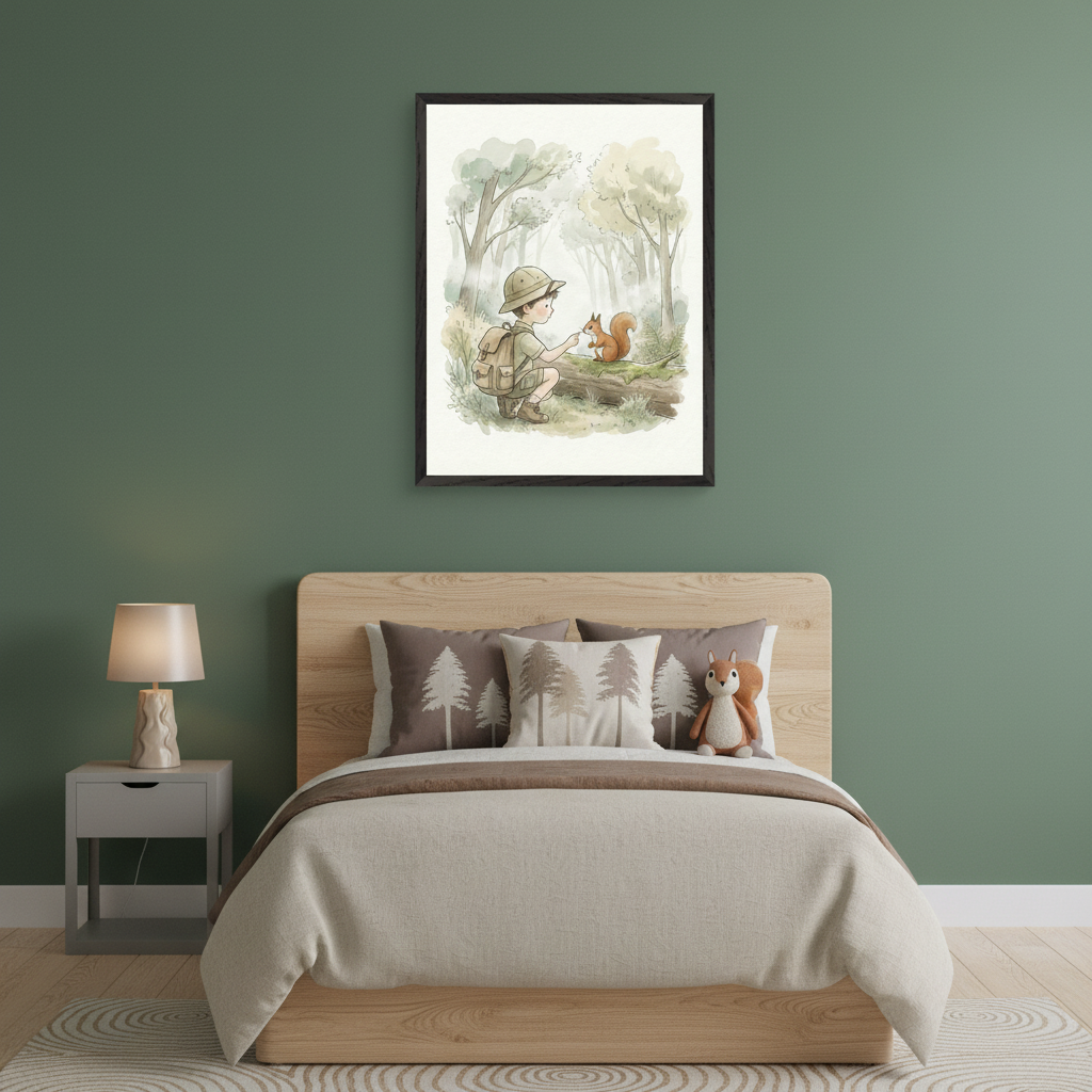 Children's bedroom with a dark green wall. A wooden platform bed has a gray nightstand and lamp beside it. A framed watercolor print of a boy and squirrel in a forest hangs centered above the bed.