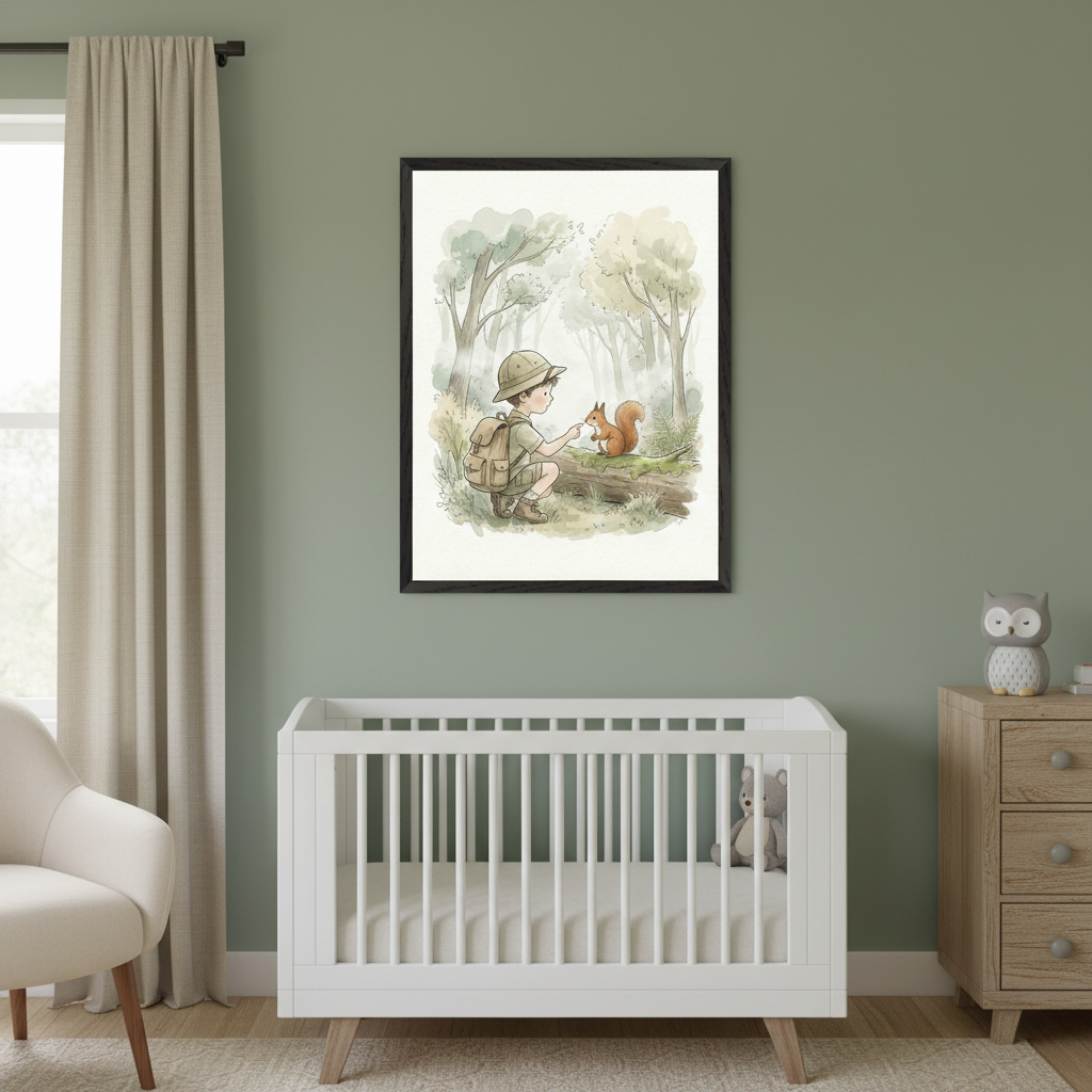 Modern nursery with a white crib, cream armchair, and wooden dresser. A framed watercolor art print of a boy in a safari hat feeding a squirrel in a forest hangs on the sage green wall above the crib.