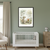Modern nursery with a white crib, cream armchair, and wooden dresser. A framed watercolor art print of a boy in a safari hat feeding a squirrel in a forest hangs on the sage green wall above the crib.