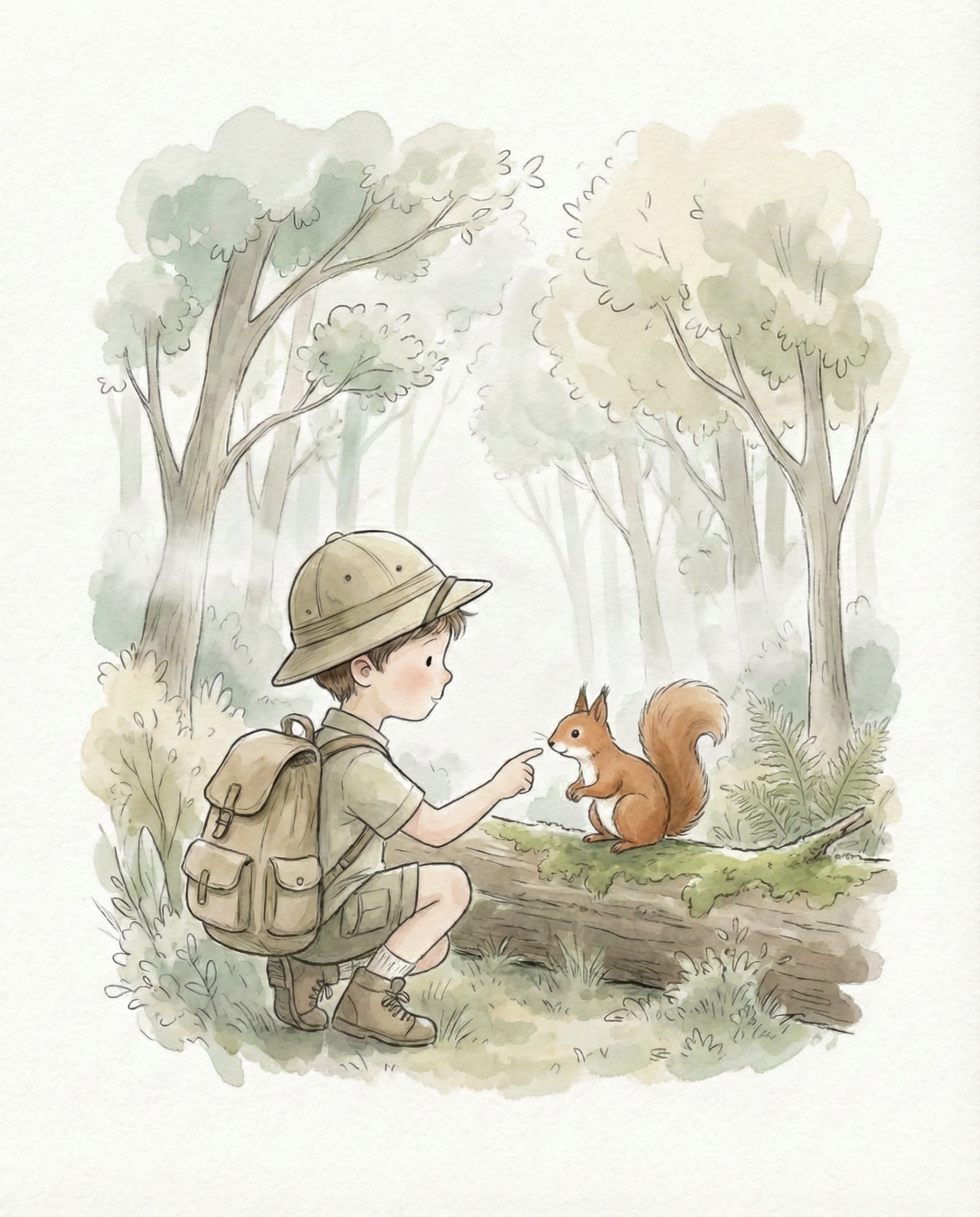 Cute woodland scene of a boy with a backpack playfully pointing at a curious red squirrel perched on a mossy log, perfect for storytelling-themed kids’ wall art.
