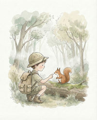 Cute woodland scene of a boy with a backpack playfully pointing at a curious red squirrel perched on a mossy log, perfect for storytelling-themed kids’ wall art.
