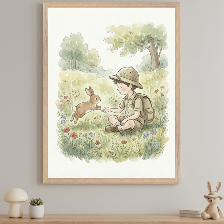 Kid's room with framed watercolor art of a boy in a safari hat interacting with a jumping brown rabbit in a field of wildflowers, hanging above a wooden shelf. A mushroom lamp, small plant, and rabbit plush are on the shelf.