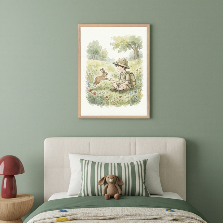 Kid's bedroom with a cream upholstered bed against a green wall. A framed watercolor print of a boy in a meadow interacting with a rabbit hangs above the bed. A brown stuffed bunny sits on a striped pillow, and a red mushroom lamp is on a wooden nightstand.