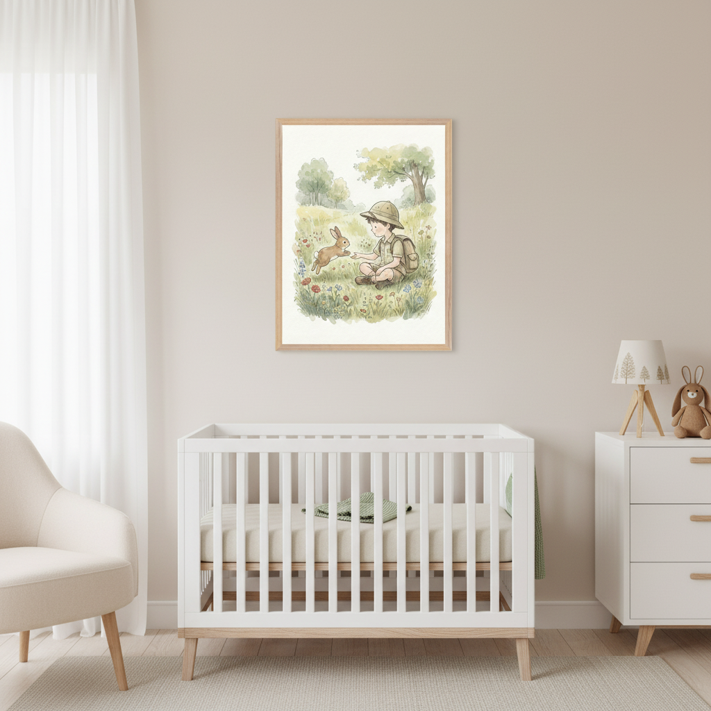 Modern nursery with a white crib, cream armchair, and white dresser. A framed watercolor illustration of a boy in a safari hat sitting in a field with a rabbit hangs on the beige wall above the crib.