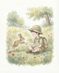 Delightful image of a boy sitting in a colorful wildflower meadow with his hand extended as a fluffy brown bunny hops toward him, expressing joy and connection with nature in kids' room wall decor.

