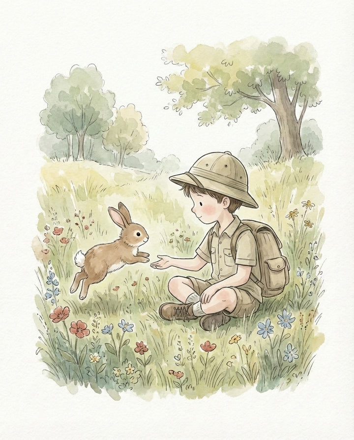 Delightful image of a boy sitting in a colorful wildflower meadow with his hand extended as a fluffy brown bunny hops toward him, expressing joy and connection with nature in kids' room wall decor.
