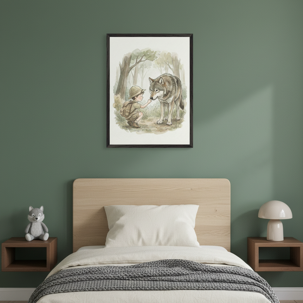 Kid's bedroom with a wooden bed, white bedding, and two floating nightstands. A framed watercolor illustration of a boy in a safari hat touching a wolf's nose in a forest hangs centered above the bed.