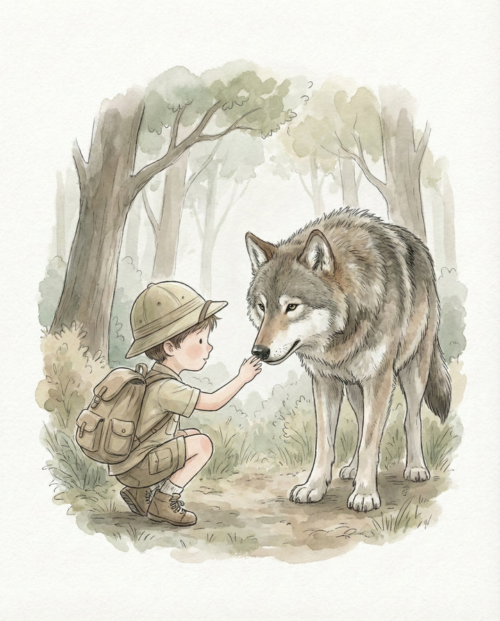Watercolor-style illustration of a young explorer boy gently reaching out to a large gray wolf in a peaceful woodland setting, symbolizing trust and connection in nature-inspired children’s wall art.
