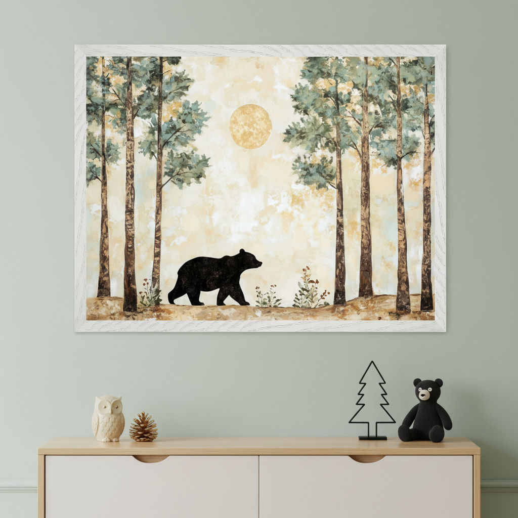Bear Wall Art for Nursery, Playroom or Kids Bedrooms - Woodland Bear Silhouette with Soft Forest and Neutral Tones - Wilderness Stroll