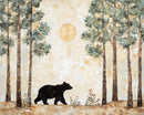 A silhouette of a bear walks on a forest floor amidst tall, slender trees with lush green foliage, set against a textured background featuring a large, pale sun.