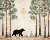 A silhouette of a bear walks on a forest floor amidst tall, slender trees with lush green foliage, set against a textured background featuring a large, pale sun.