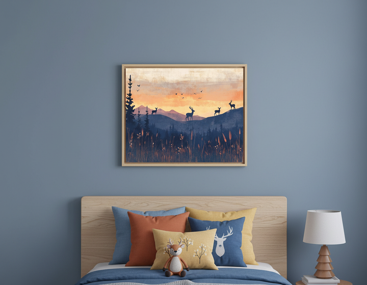 Kid's bedroom with a wooden headboard bed and colorful pillows. A large framed illustration of a sunset landscape with dark mountains, trees, and deer silhouettes hangs centered above the bed on a blue wall.