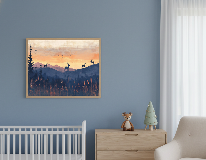 Modern nursery with a white crib and wooden dresser against a blue wall. A framed illustration of a stylized sunset landscape with blue hills, trees, and four deer silhouettes hangs above the crib.