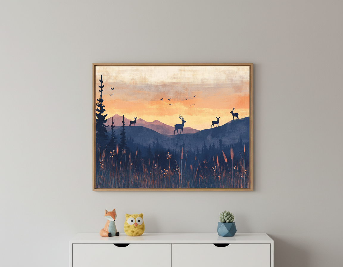 Modern room with a white dresser. A large framed, stylized painting of a sunset mountain landscape with silhouetted deer, trees, and birds is centered above the dresser, featuring warm and cool tones.