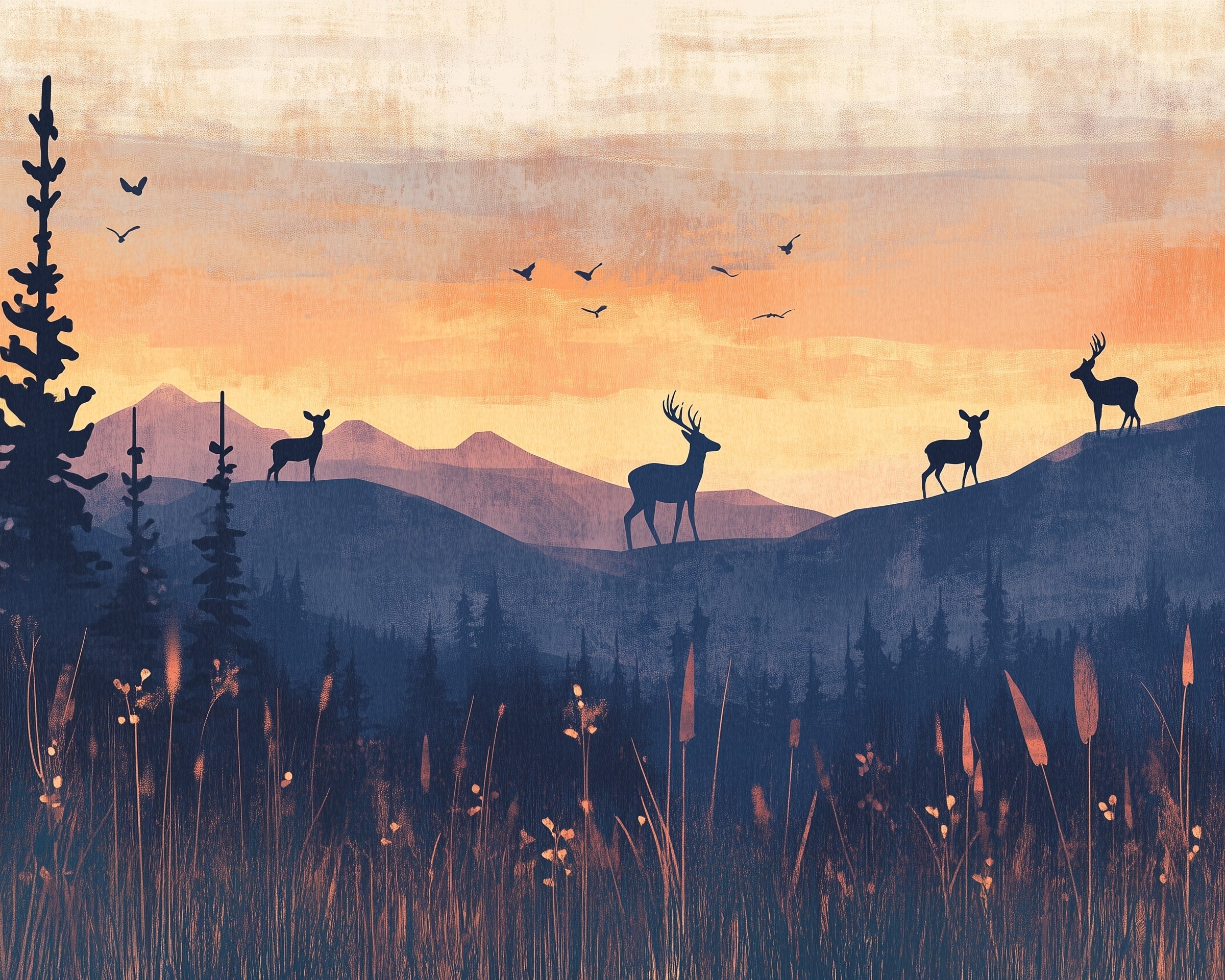 Mountain Wall Art for Nursery, Playroom or Kids Bedrooms - Deer Silhouettes at Sunset in Serene Forest Landscape - Deer Horizon