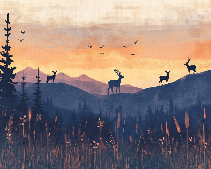 Silhouettes of four deer stand gracefully on a hilly landscape against a vibrant sunset backdrop, with birds flying above and tall trees framing the scene.