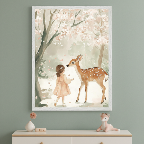 A framed nursery art print shows a young girl in a peach dress standing in a forest clearing with a gentle fawn, surrounded by soft pink blossoms falling from the trees. Below the artwork, a dresser is decorated with a small plush deer, a flower vase, and a wooden name block labeled "Lilly."
