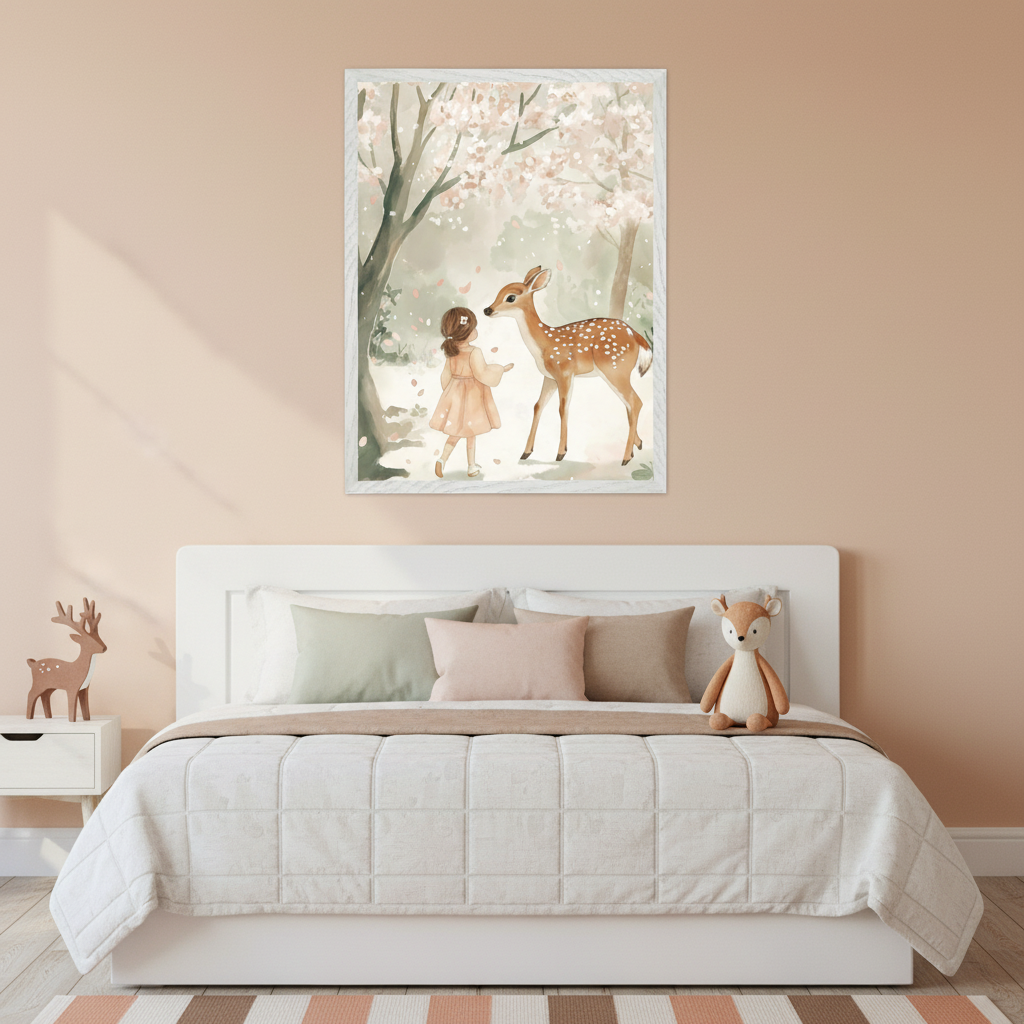 Kid's bedroom with a white bed and headboard. A large framed watercolor painting of a girl and a fawn in a blooming forest hangs above the bed. A white nightstand with a wooden deer figurine is to the left. A stuffed fawn sits on the bed.