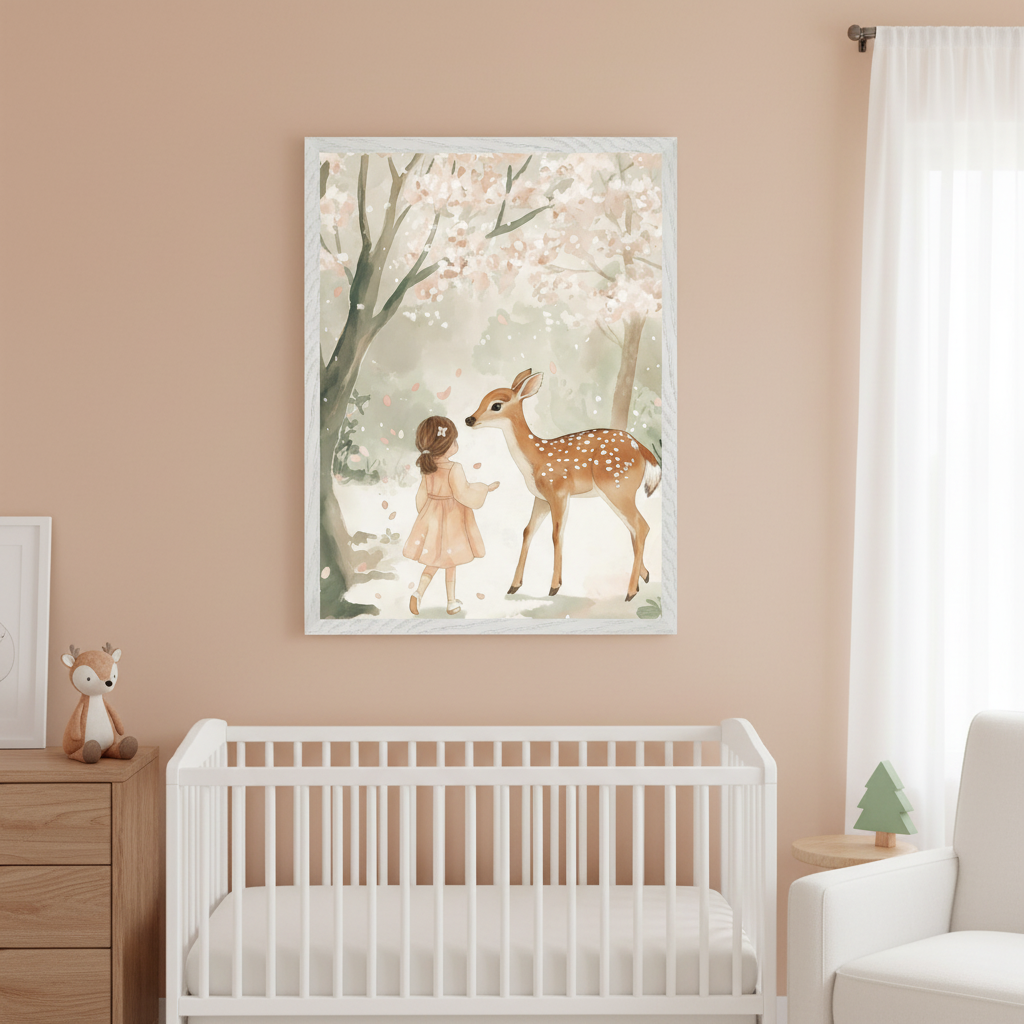 Peach-walled nursery with a large framed watercolor painting of a girl and fawn in a cherry blossom forest hanging above a white crib. A wooden dresser with a deer plush is on the left, and a white armchair with a side table is on the right.