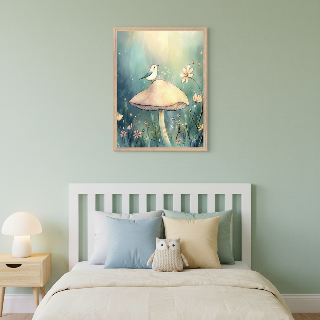 Kid's bedroom with a white headboard bed, light bedding, and a wood nightstand with a mushroom lamp. A framed watercolor art of a blue bird on a mushroom in a floral field hangs centered above the bed.