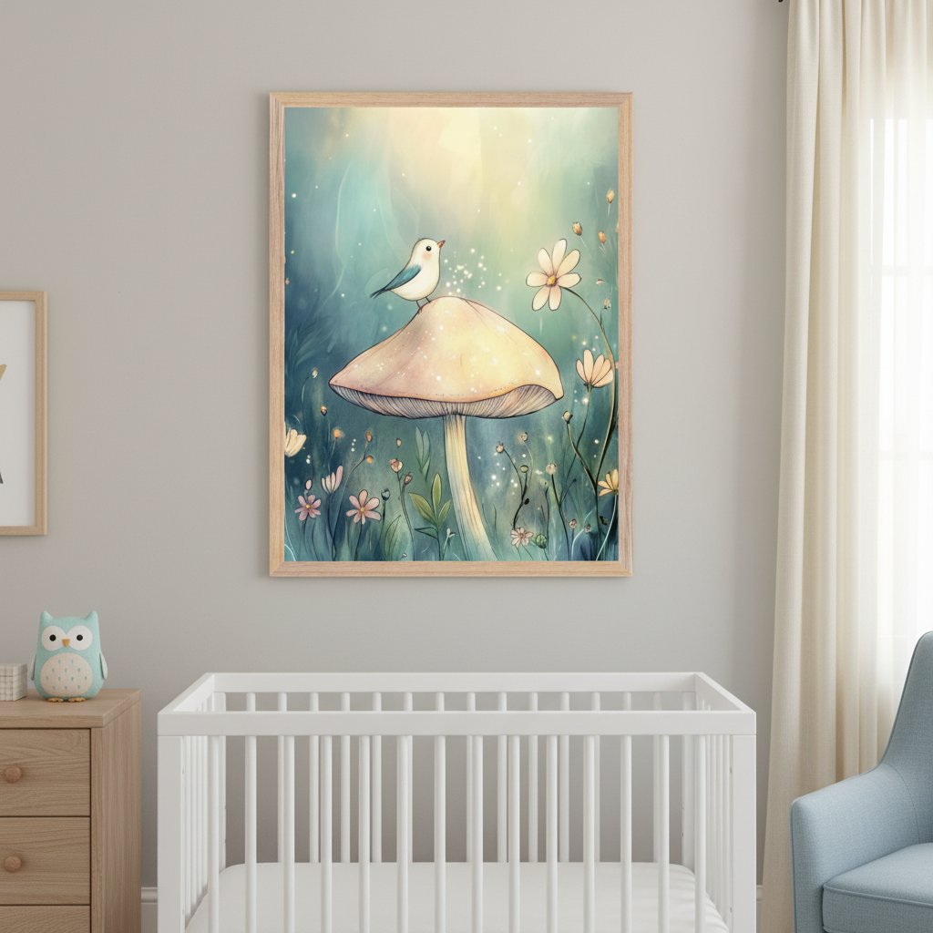 Modern nursery with a white crib, light wood dresser, and blue armchair. A framed whimsical illustration of a light blue bird perched on a mushroom amidst flowers hangs above the crib and dresser.