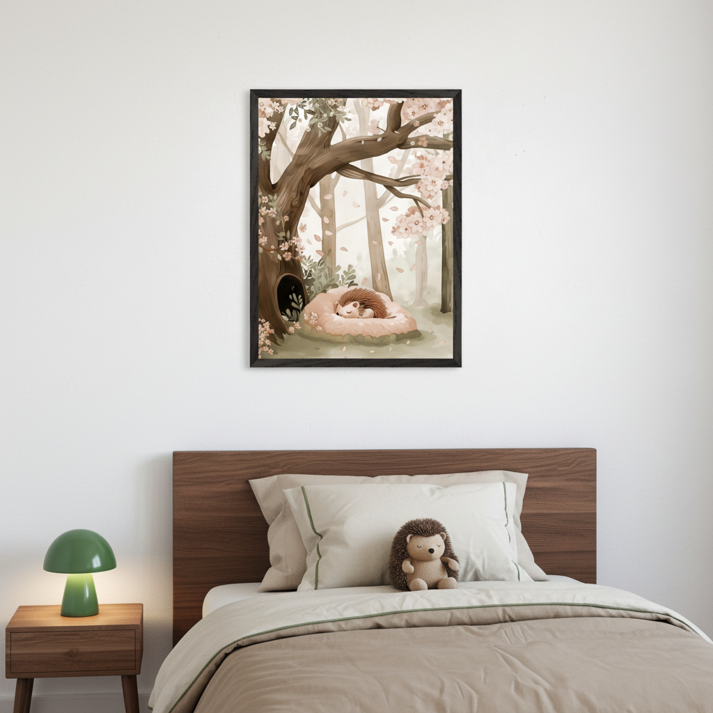 Modern bedroom with a wooden bed. A framed illustration of a sleeping hedgehog in a forest with cherry blossoms hangs centered above the bed. A green lamp is on a wooden bedside table to the left.