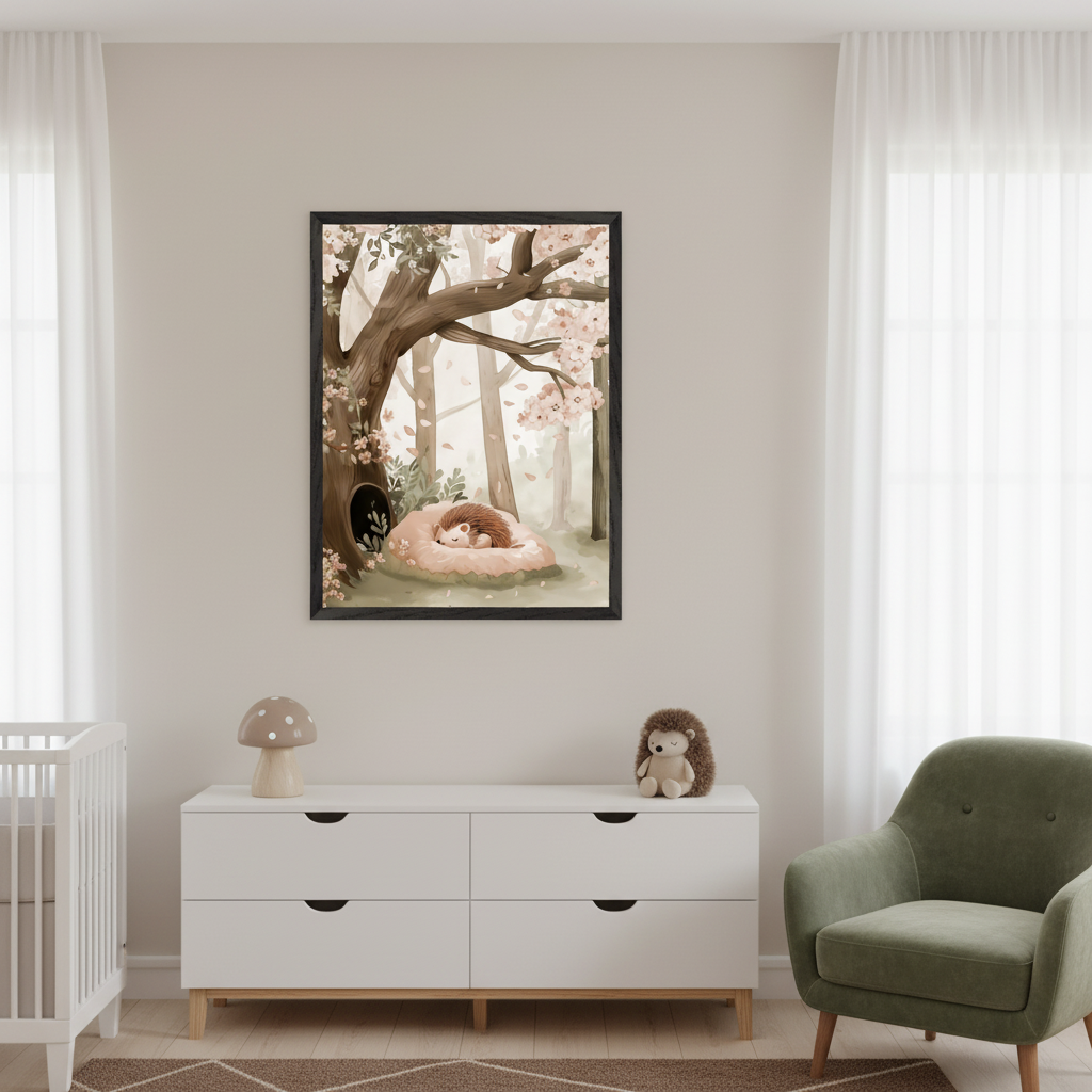 Modern nursery with a white crib, a white dresser, and an olive green armchair. A framed illustration of a sleeping hedgehog in a pink nest in a spring forest with cherry blossoms hangs centered above the dresser.