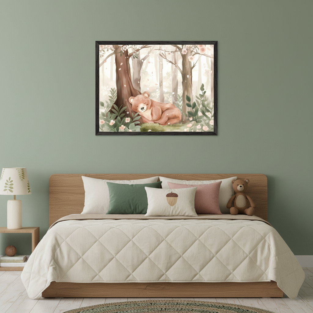 Bedroom with a wooden bed, quilted comforter, and pillows. A framed watercolor illustration of a sleeping brown bear in a cherry blossom forest hangs centered above the bed. A teddy bear sits on the bed; a nightstand and lamp are to the left.